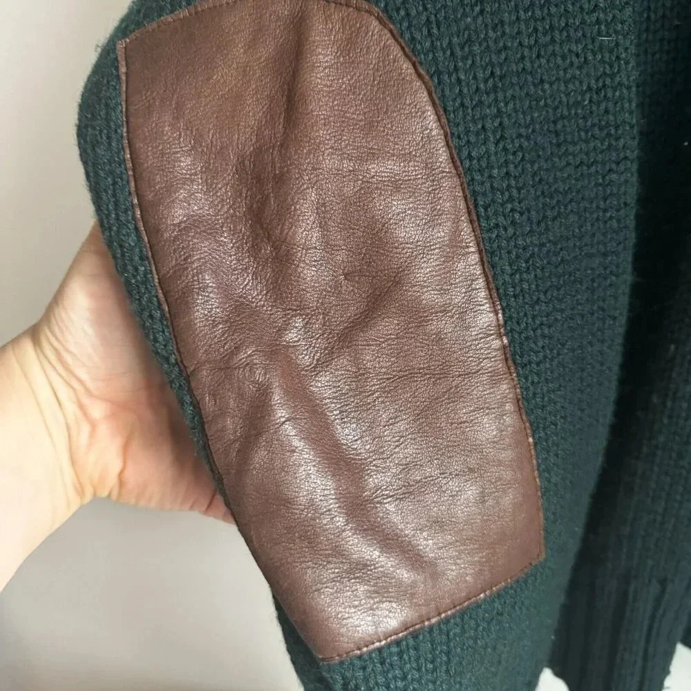 Vintage Polo Ralph Lauren Forest Green Wool Pullover with Leather Patches XL